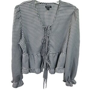 Boohoo Womens Gingham Lace Up Peplum Top Black White Plaid Ruffle Blouse Size 12